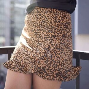 NWT! Wild Honey Leopard Satin Faux Wrap Ruffled Trim Skirt S